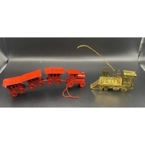 Unbranded Other - Lot 2 Vintage Metal Train Ornaments Red 4-Car Magnetic Gold Brass Locomotive